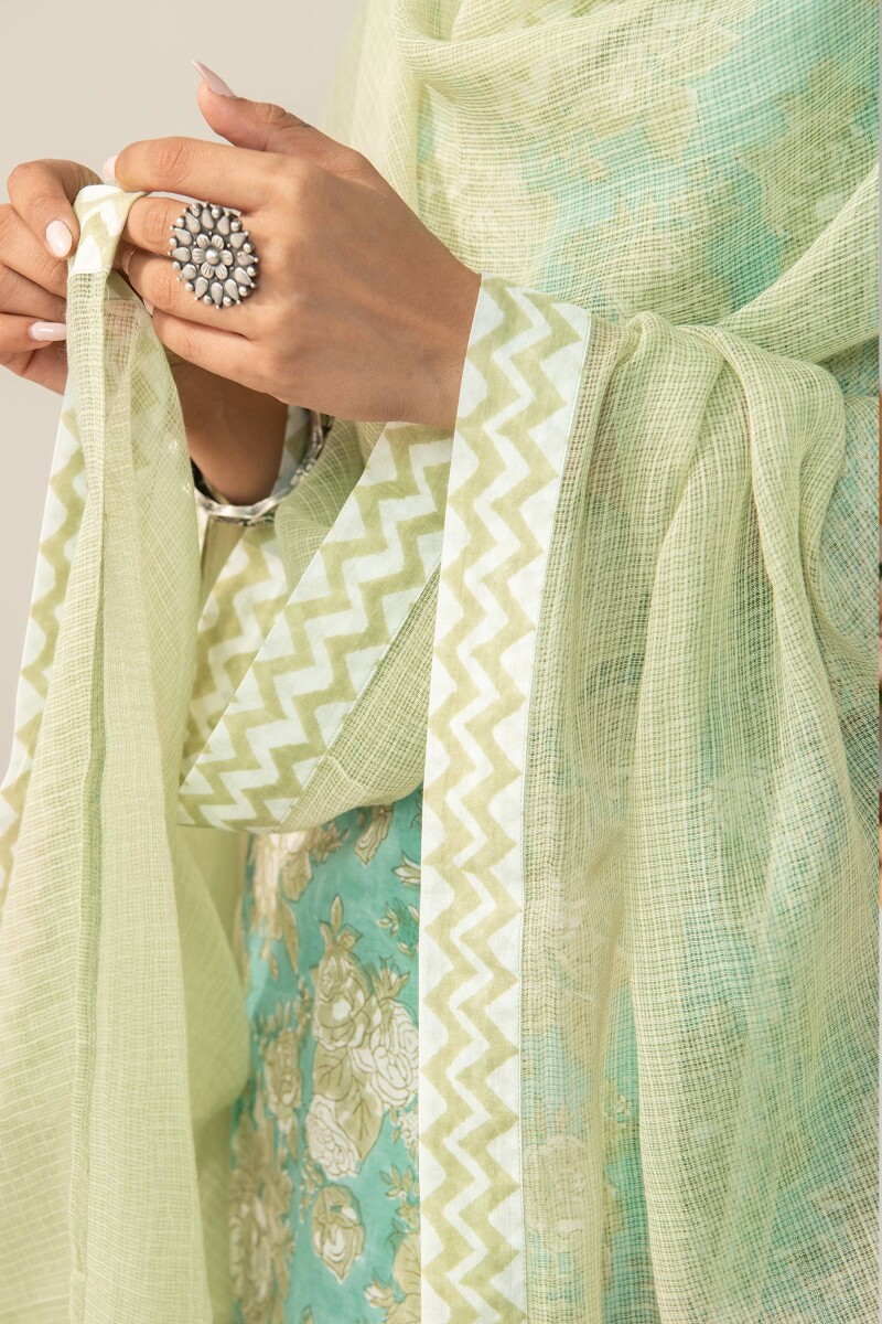 Green Hand Block Printed Kota Dupatta