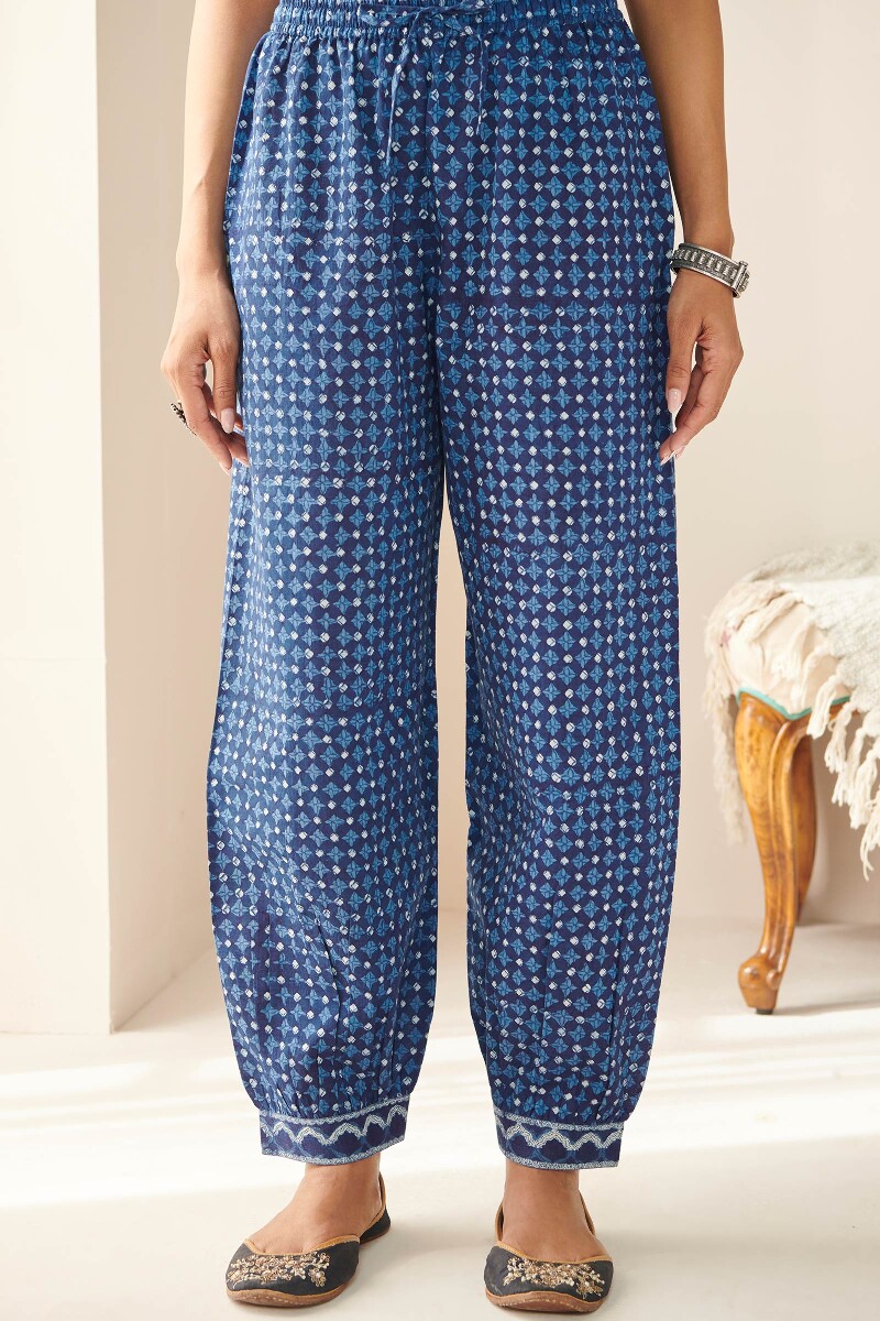 Indigo Hand Block Printed Cotton Slub Izhaar Pants