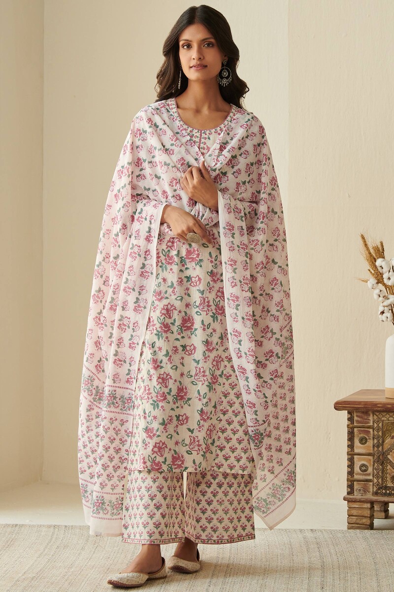 Off-White Hand Block Printed Straight Cotton Kurta