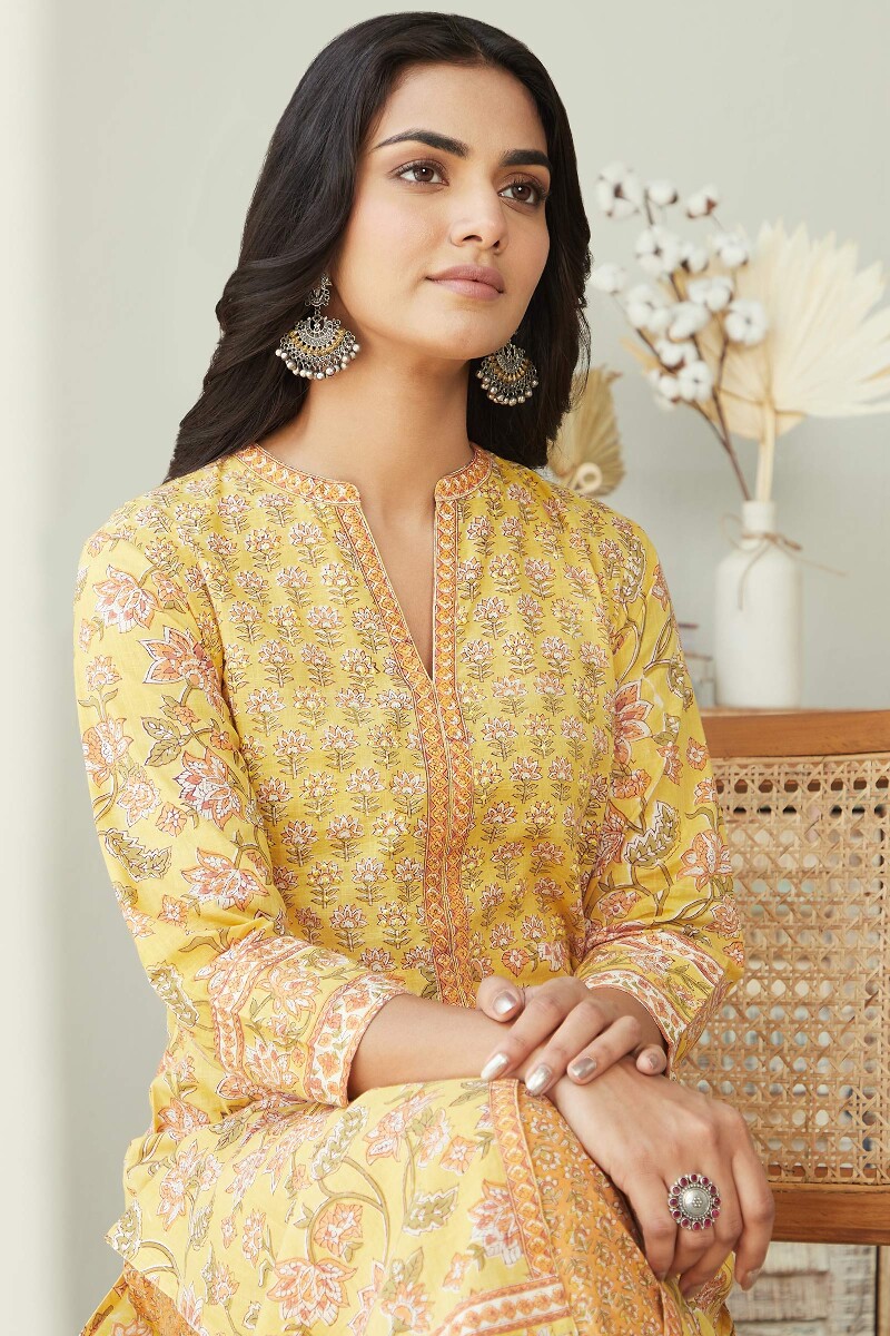 Yellow Hand Block Printed Straight Cotton Kurta