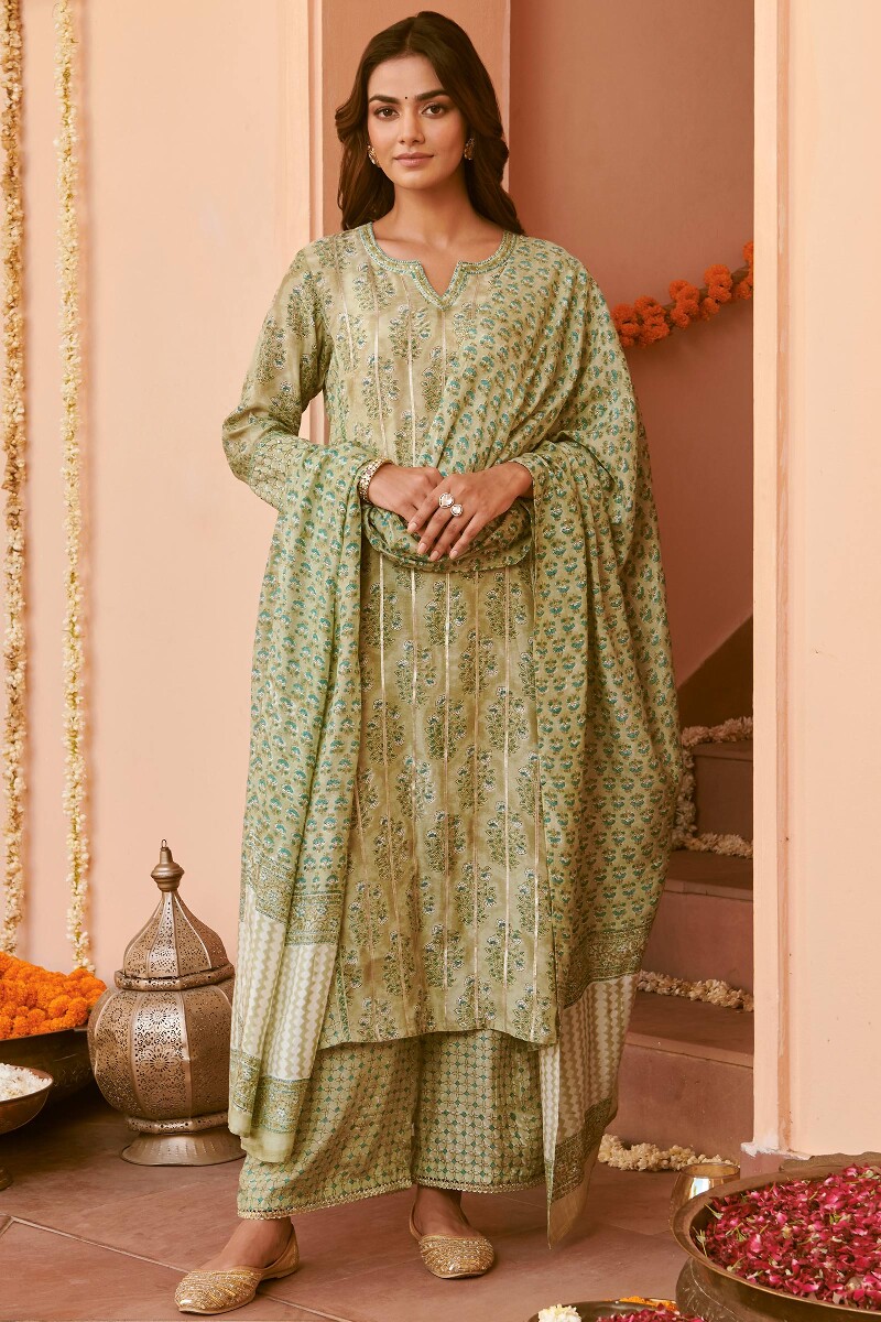 Green Hand Block-Printed Straight Modal Kurta