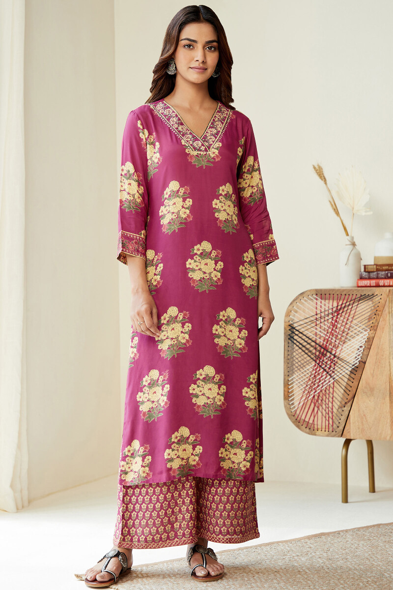 Raspberry Hand Block-Printed Straight Modal Kurta