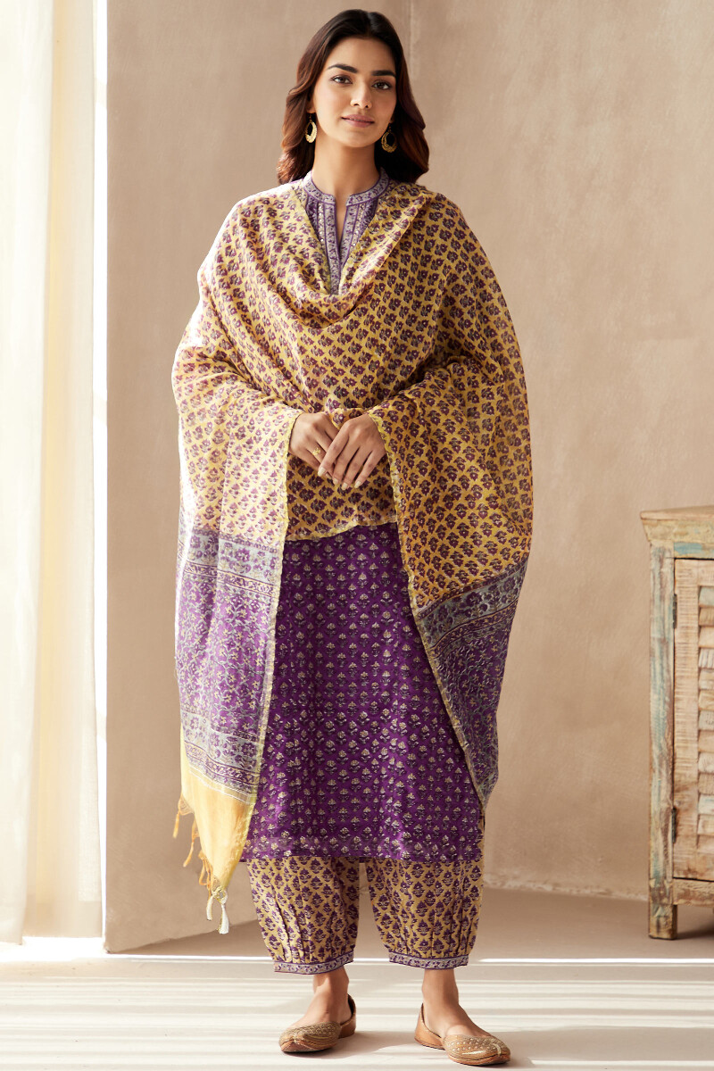 Purple Hand Block-Printed Straight Chanderi Kurta