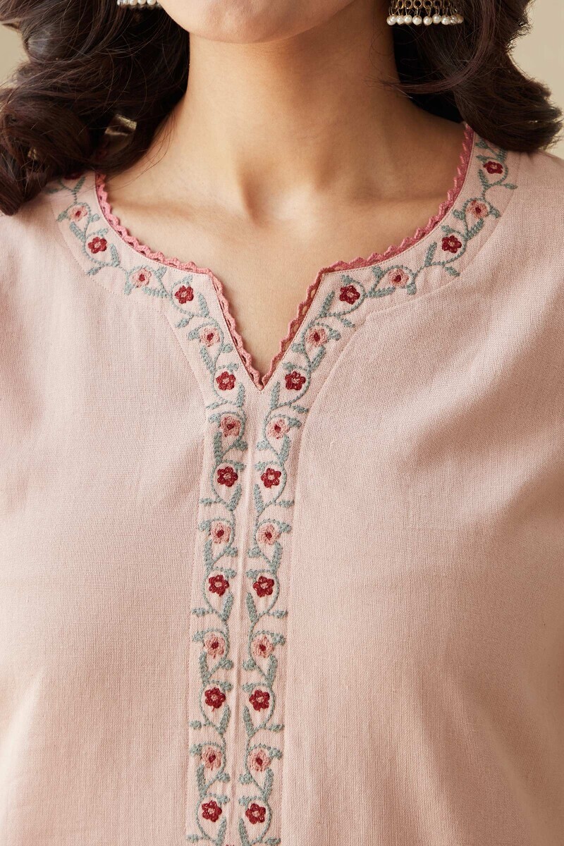 Pink Handcrafted Straight Cotton Flax Kurta