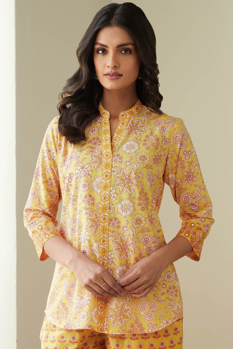 Yellow Hand Printed Cotton Loungewear Set