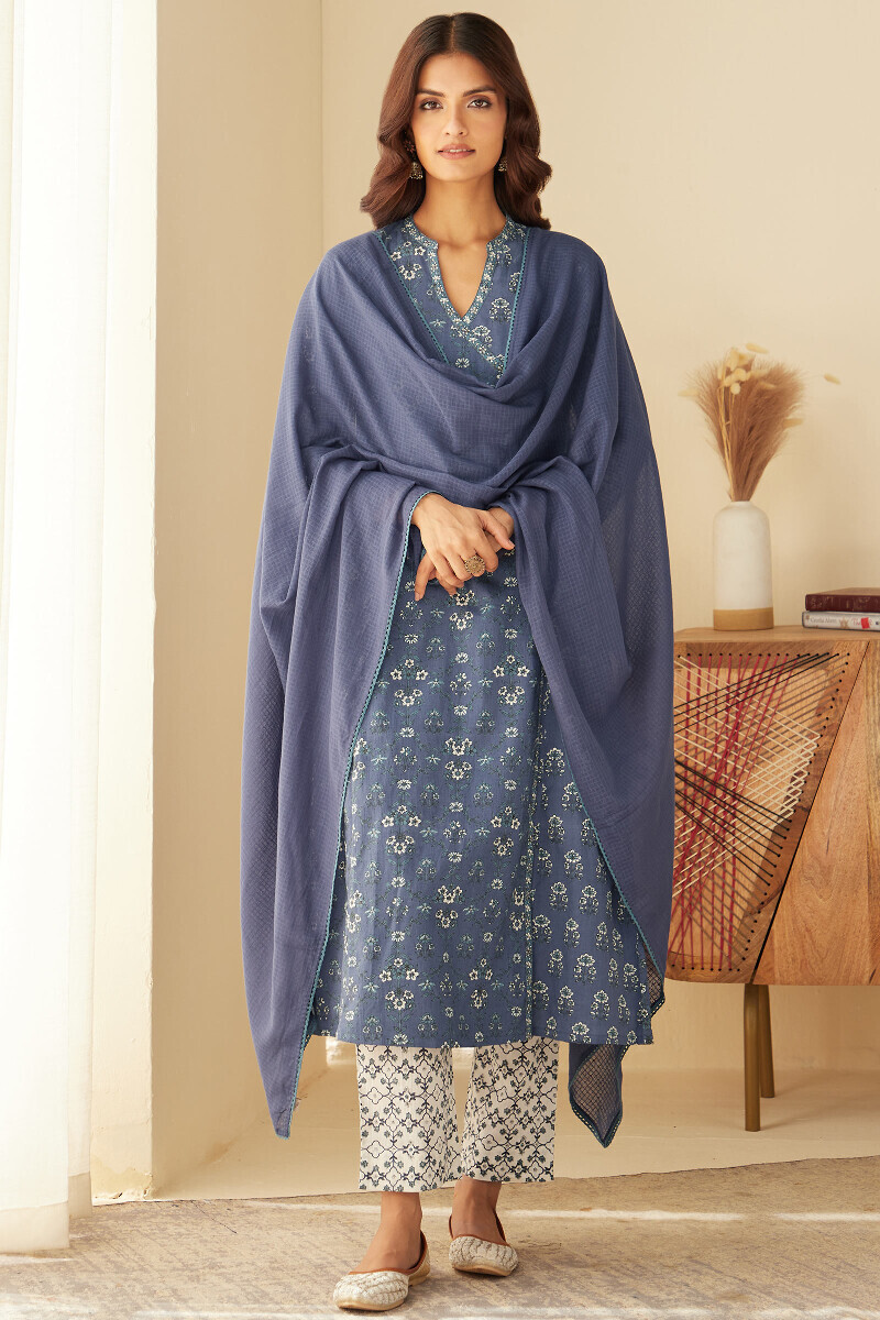 Blue Hand Printed Angrakha Cotton Kurta