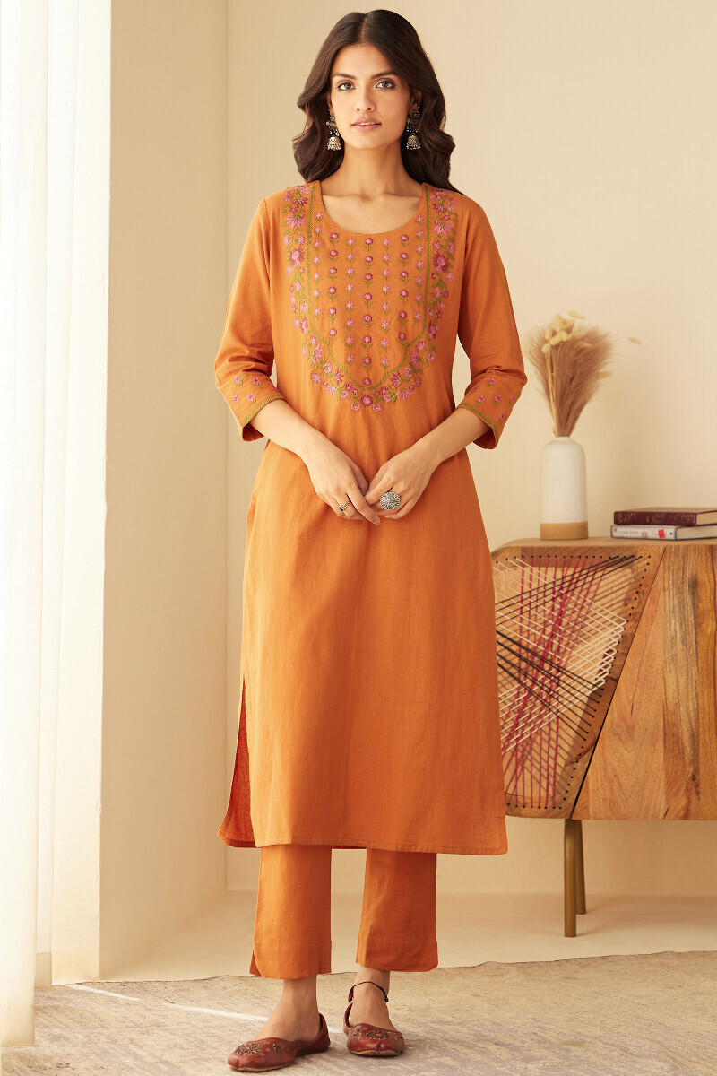 Mustard Handcrafted Straight Cotton Flax Kurta