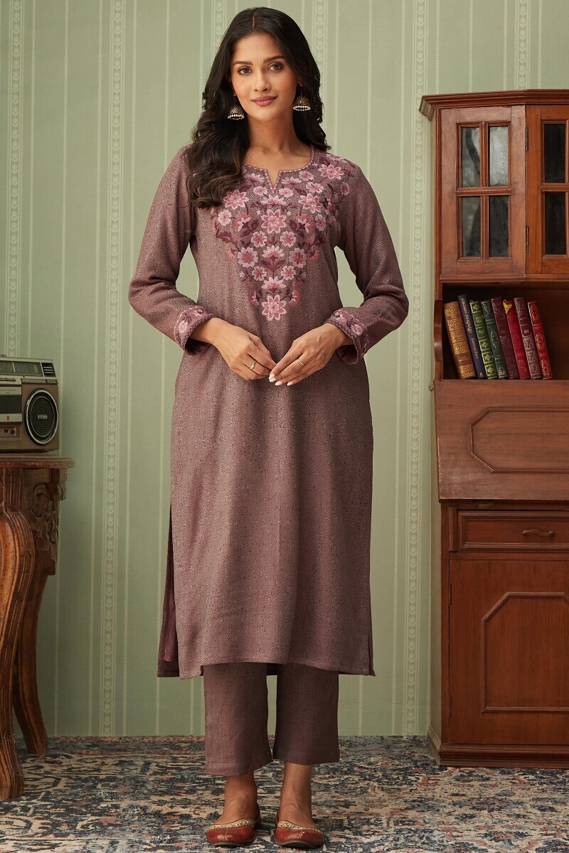 Mauve Handcrafted Straight Faux Wool Kurta