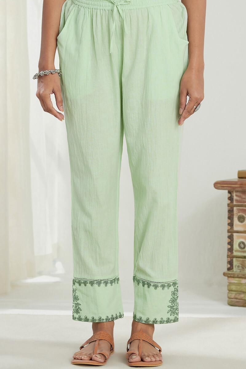 Green Handcrafted Handloom Narrow Pants