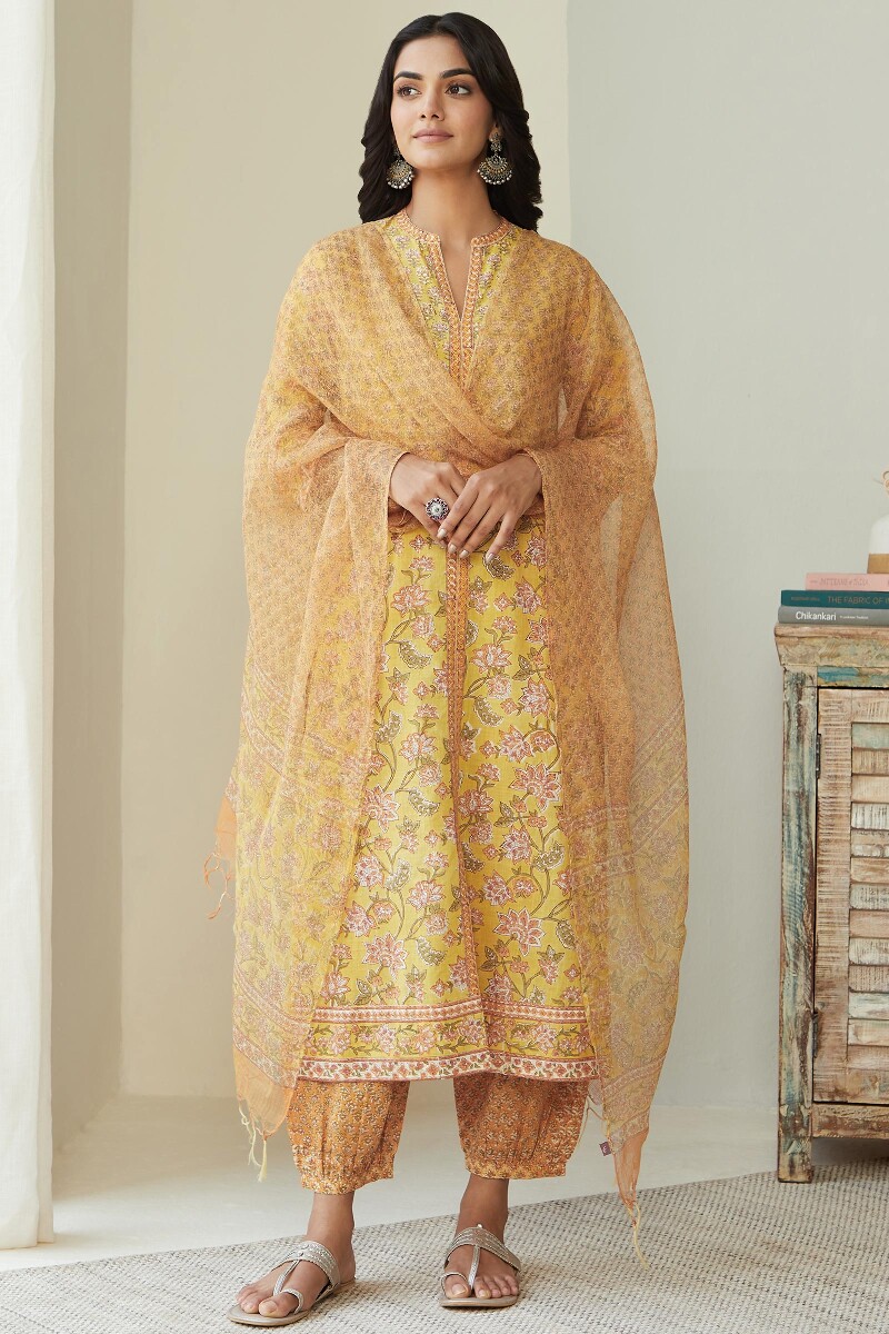 Yellow Hand Block Printed Straight Cotton Kurta