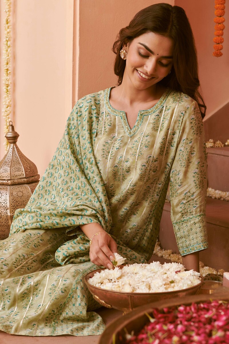 Green Hand Block-Printed Straight Modal Kurta