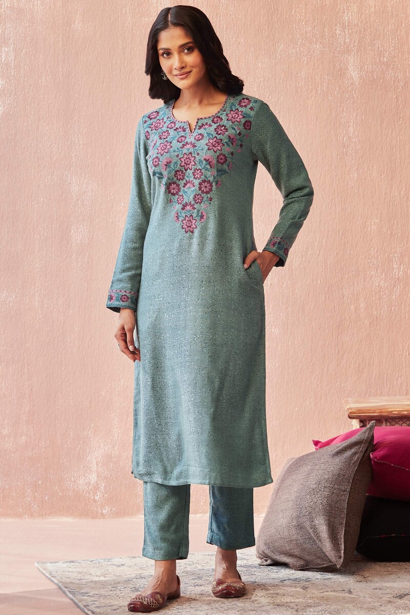 Blue Handcrafted Straight Faux Wool Kurta