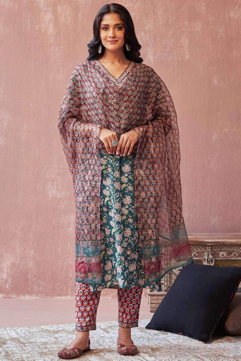 Teal Hand Block-Printed Straight Viscose Kurta