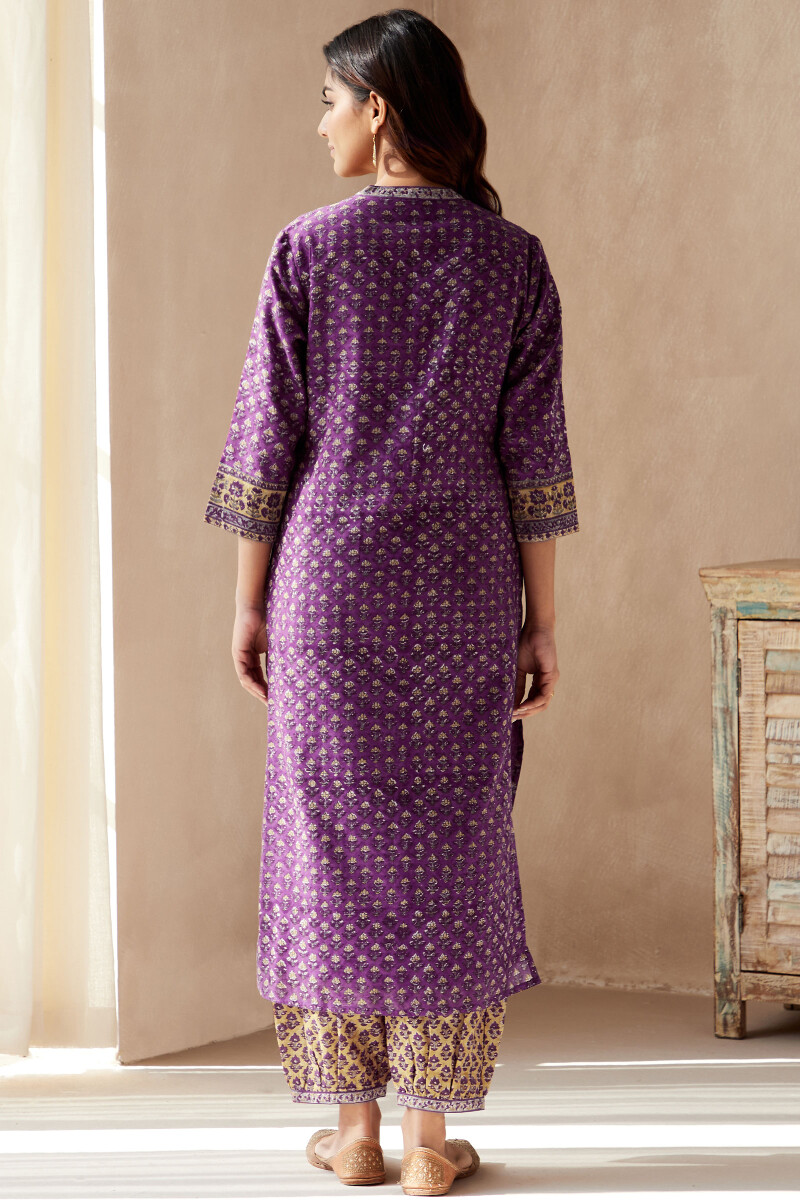 Purple Hand Block-Printed Straight Chanderi Kurta