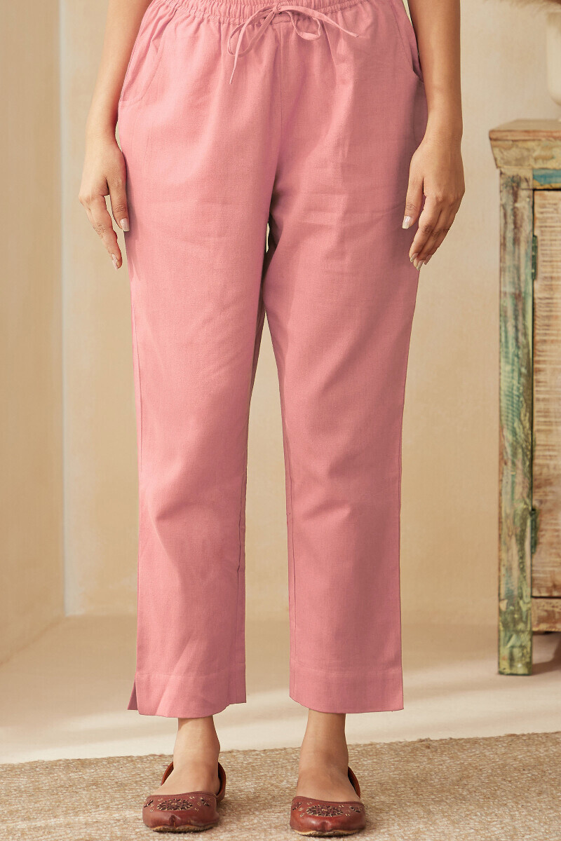 Pink Handcrafted Cotton Flax Narrow Pants