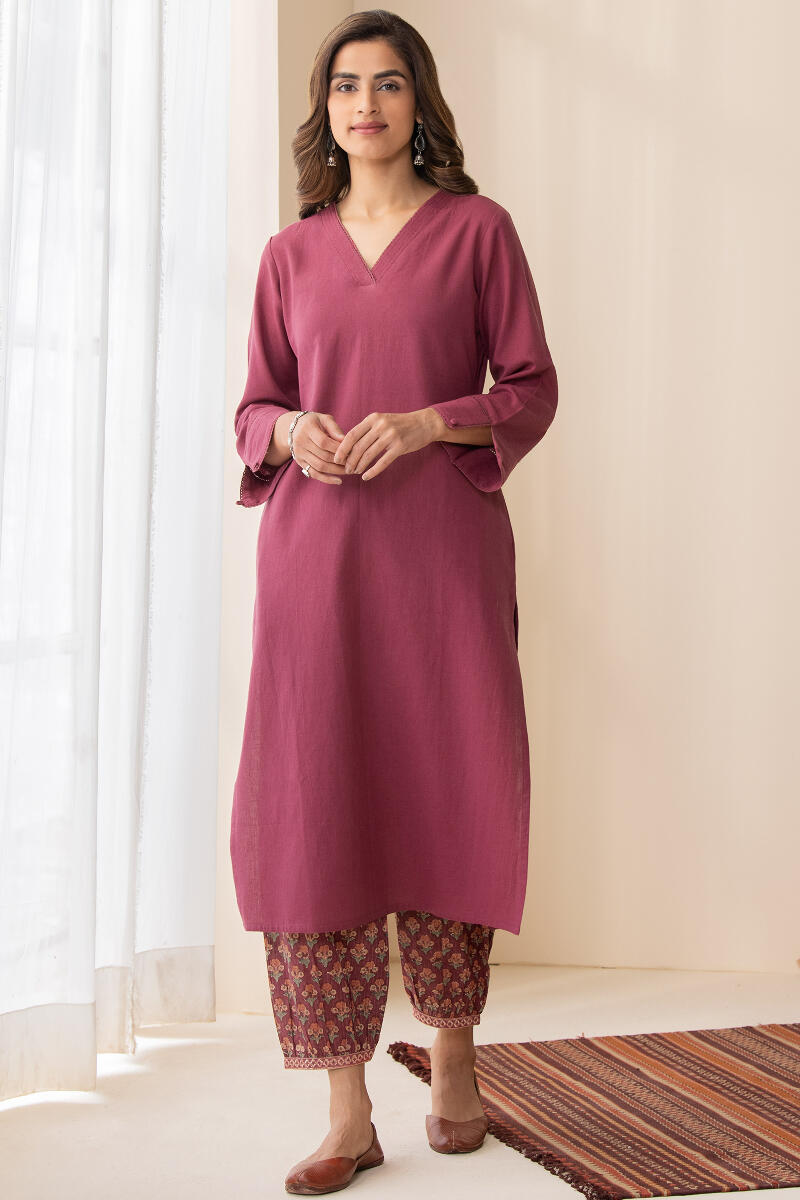 Maroon Handcrafted Straight Cotton Flax Kurta