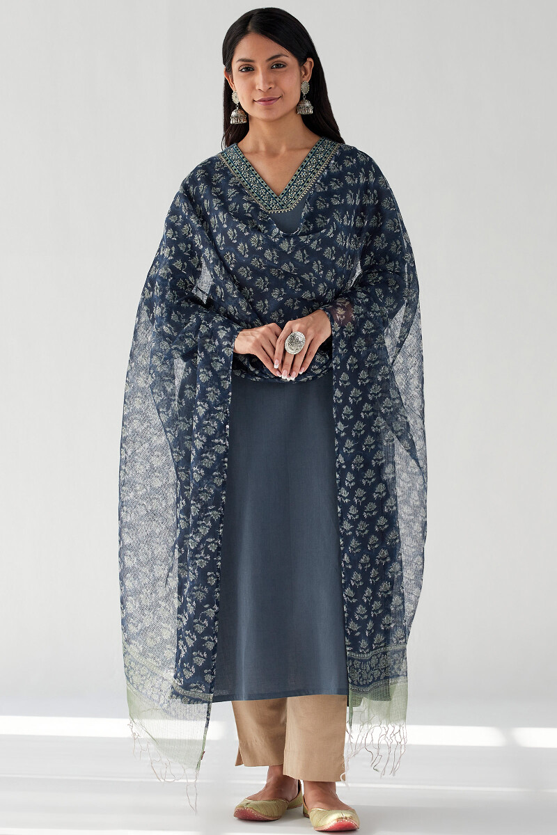 Blue Hand Block Printed Straight Cotton Flax Kurta