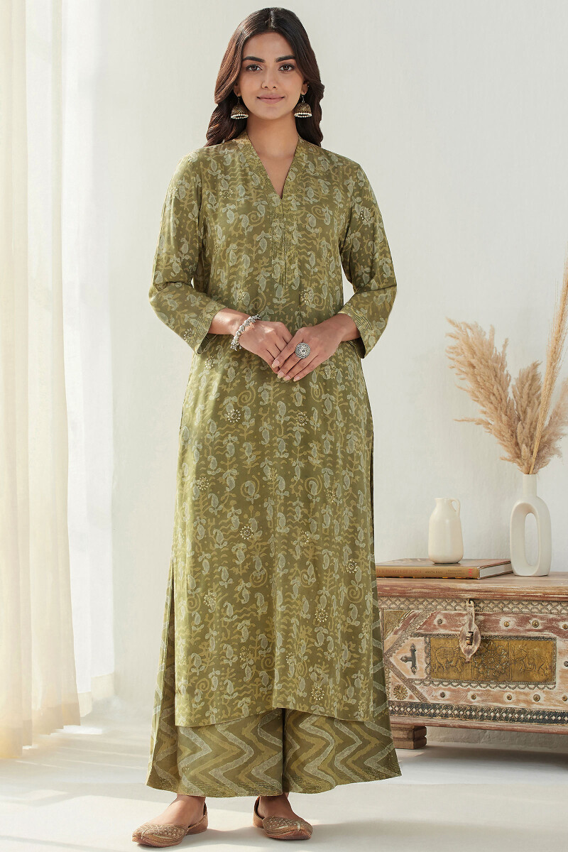 Green Hand Block Printed Straight Modal Kurta