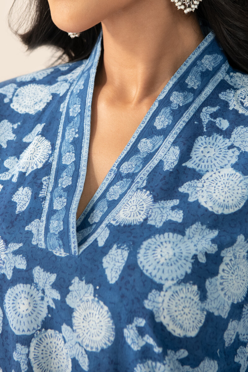 Indigo Hand Block Printed Straight Cotton Kurta