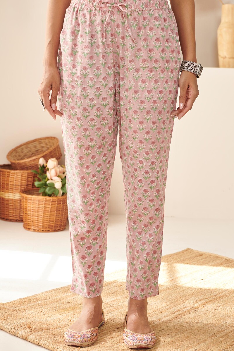 Pink Hand Block Printed Cotton Narrow Pants