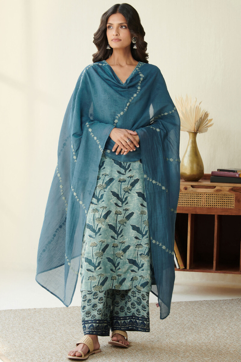 Blue Hand Block Printed Cotton Silk Dupatta