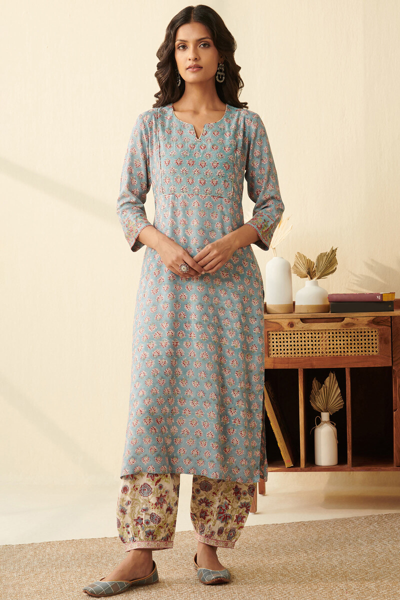 Blue Hand Block Printed Straight Modal Kurta