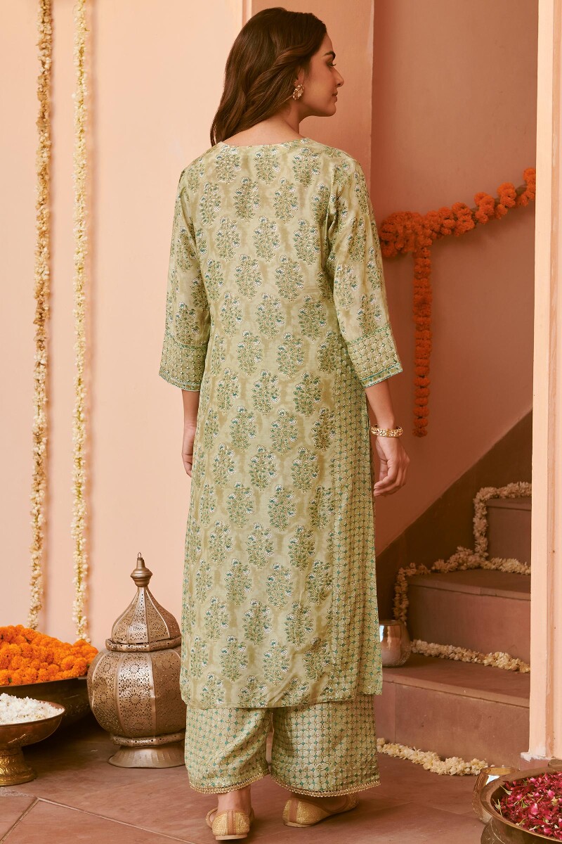 Green Hand Block-Printed Straight Modal Kurta