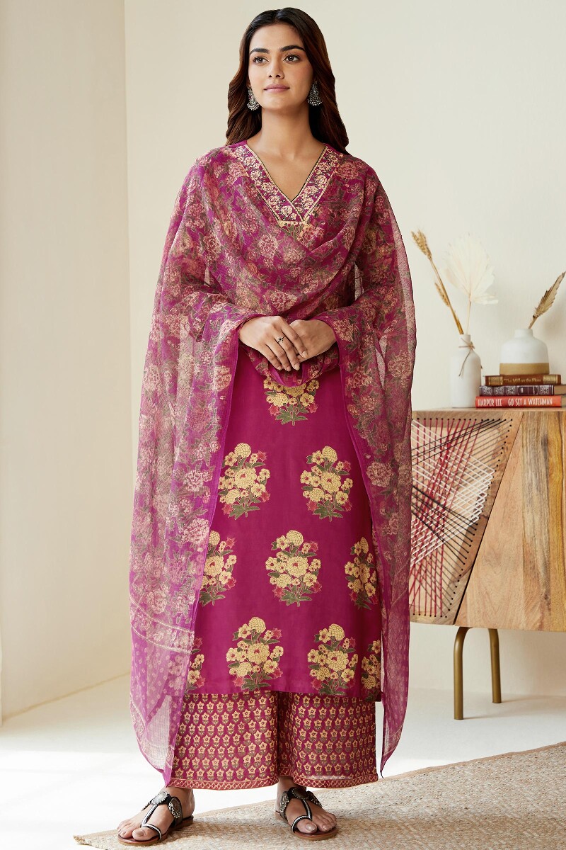 Raspberry Hand Block-Printed Straight Modal Kurta