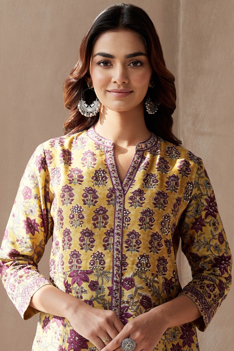 Yellow Hand Block-Printed A-Line Chanderi Kurta