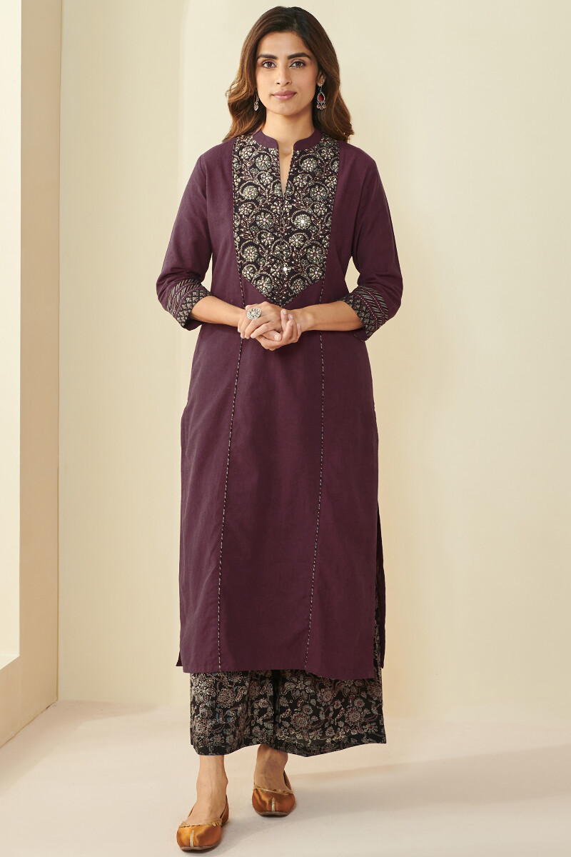 Maroon Hand Block Printed Straight Handloom Kurta