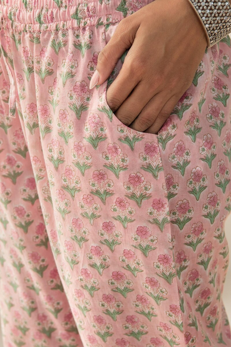 Pink Hand Block Printed Cotton Narrow Pants