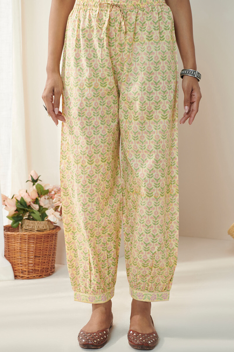 Yellow Hand Block Printed Cotton Izhaar Pants