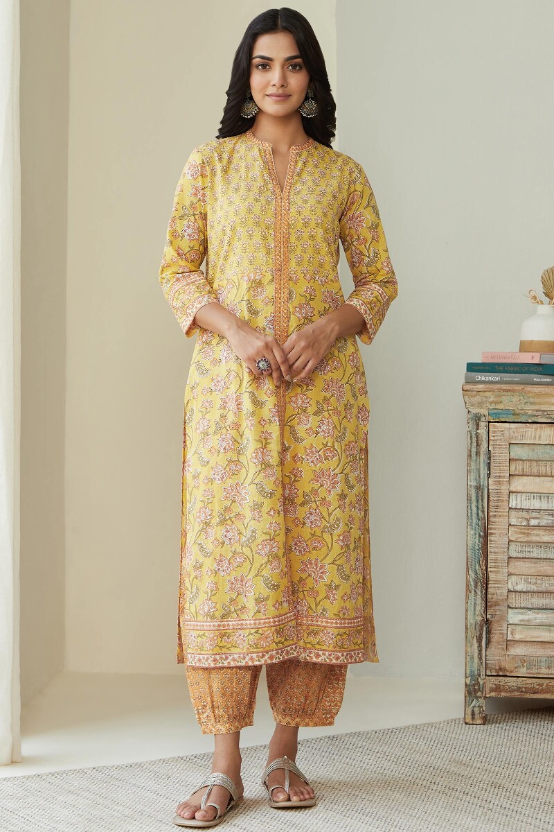 Yellow Hand Block Printed Straight Cotton Kurta