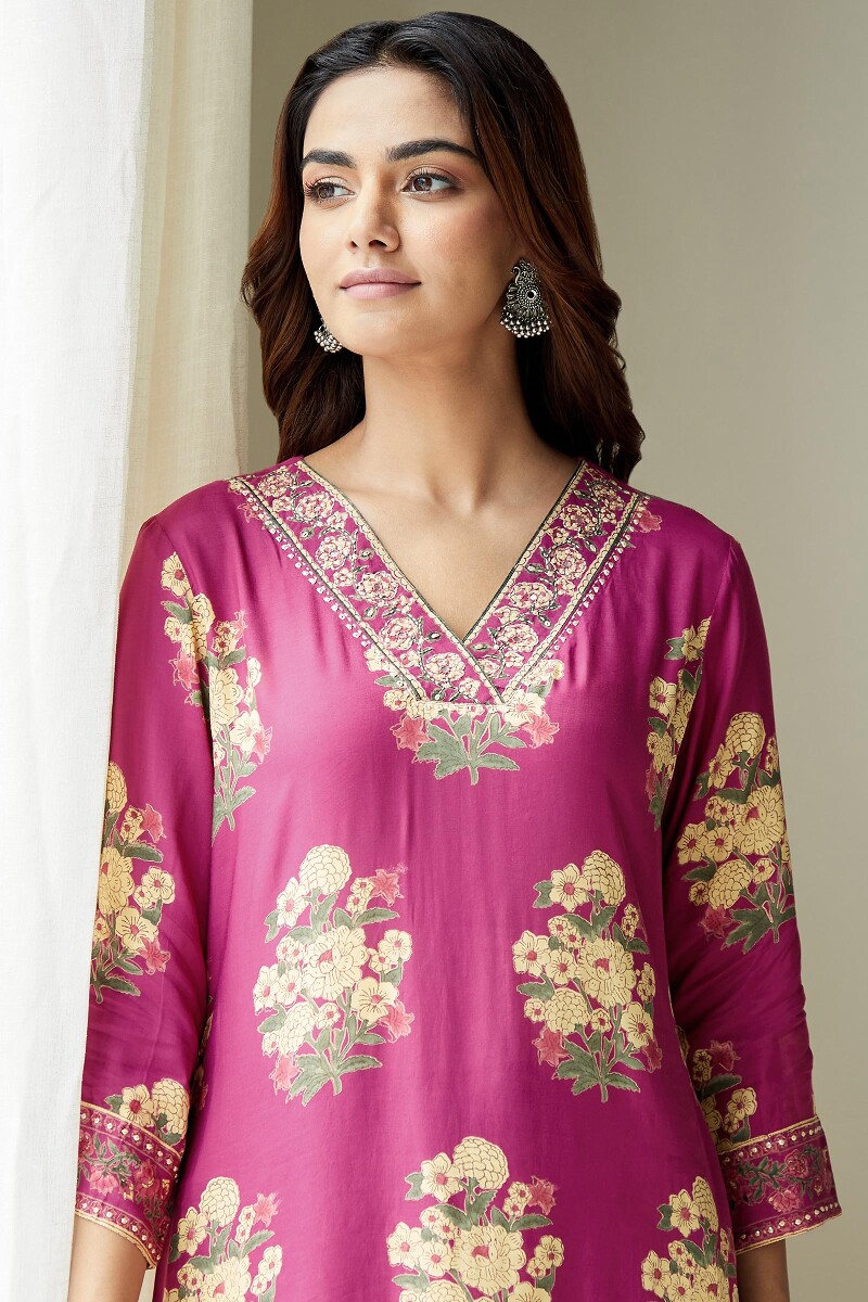 Raspberry Hand Block-Printed Straight Modal Kurta