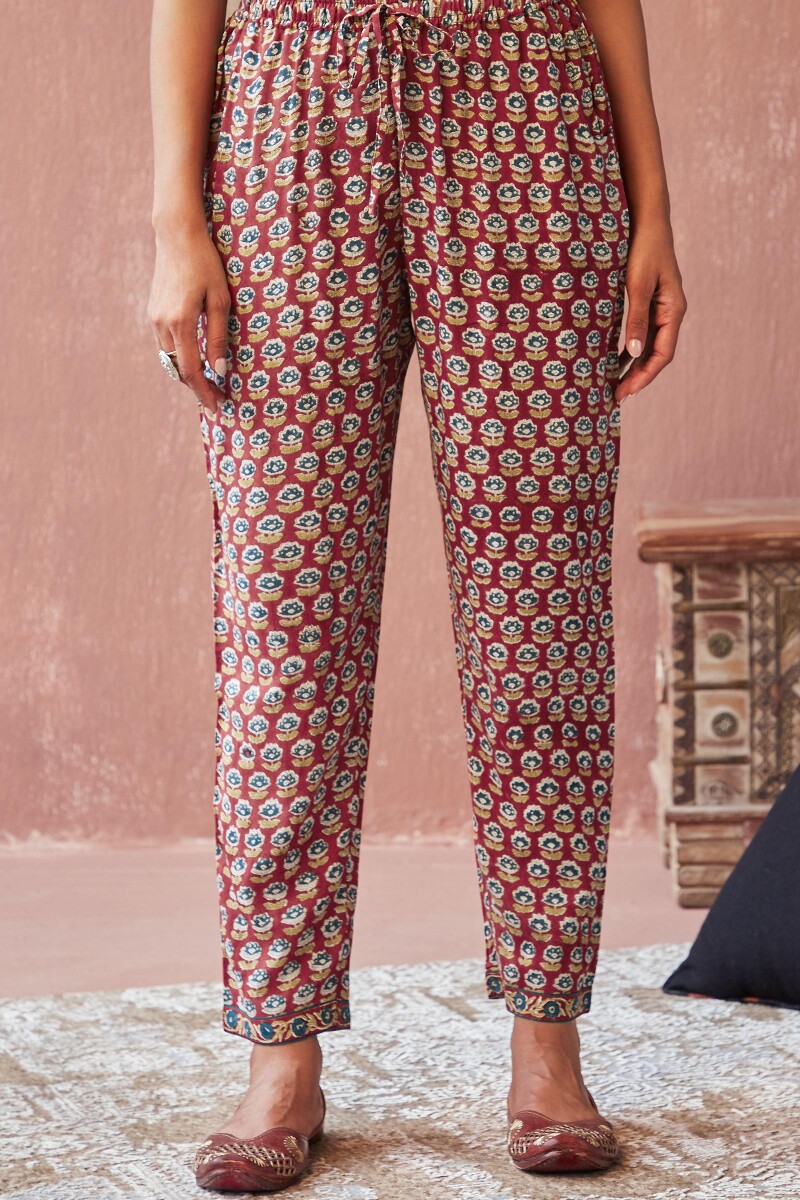 Red Hand Block-Printed Viscose Narrow Pants