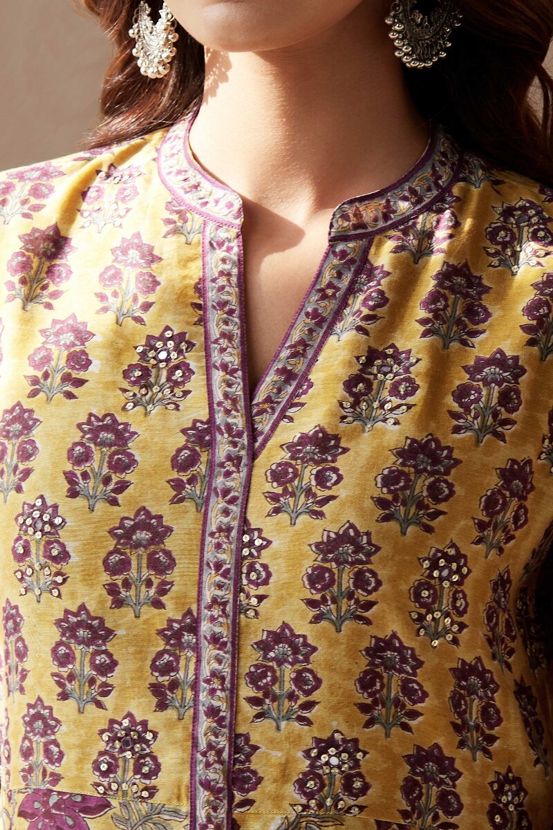 Yellow Hand Block-Printed A-Line Chanderi Kurta