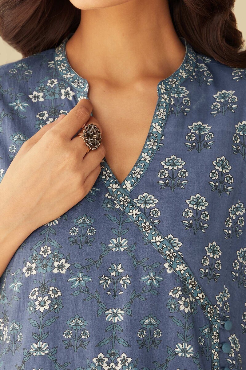 Blue Hand Printed Angrakha Cotton Kurta