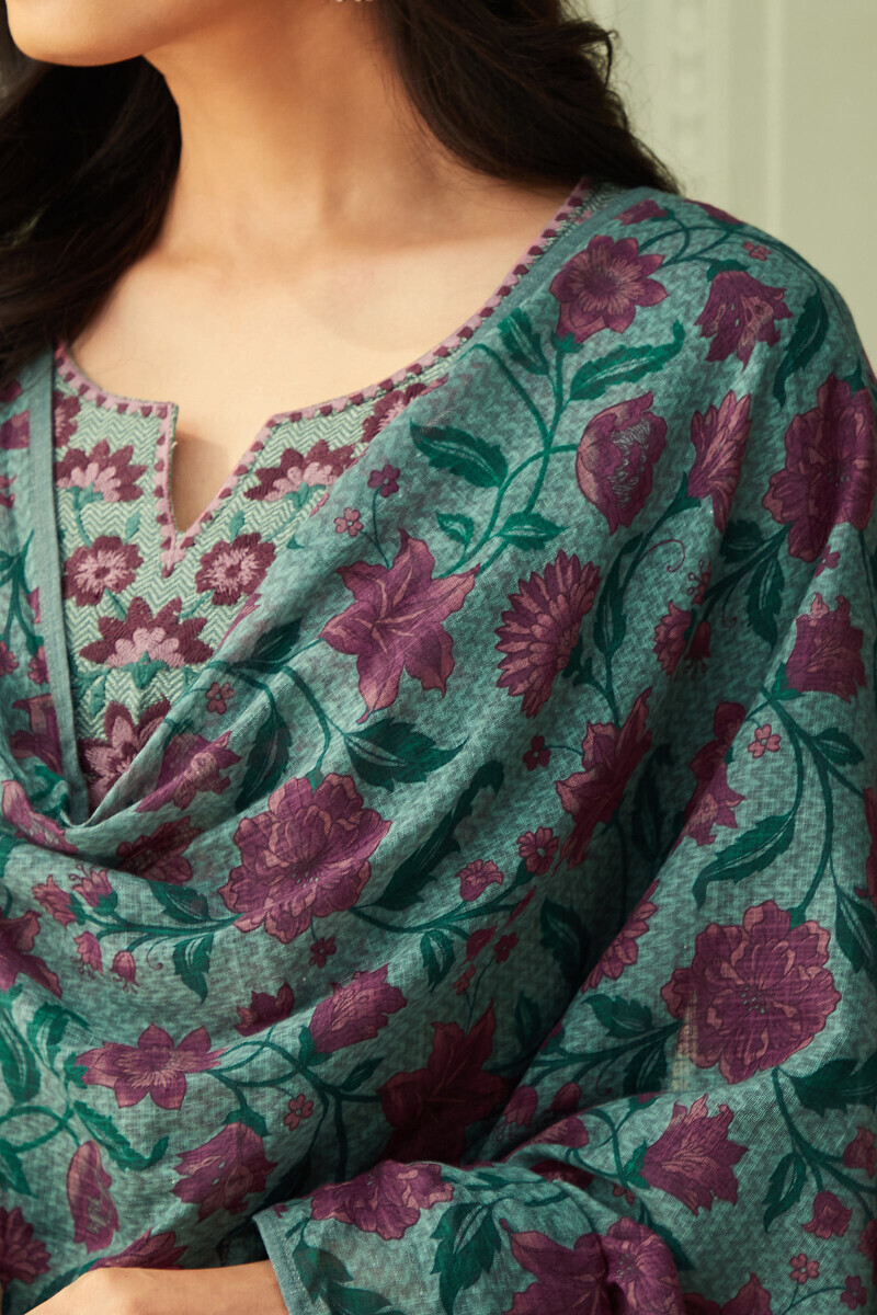 Teal Printed Kota Dupatta