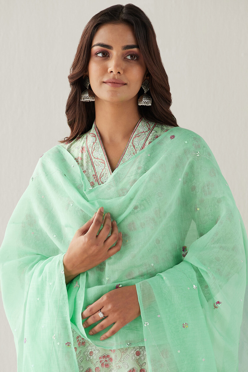 Green Handcrafted Cotton Silk Dupatta