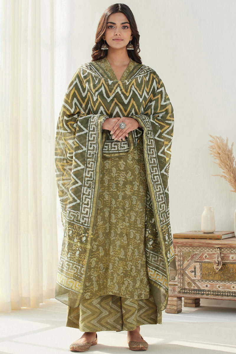 Green Hand Block Printed Straight Modal Kurta