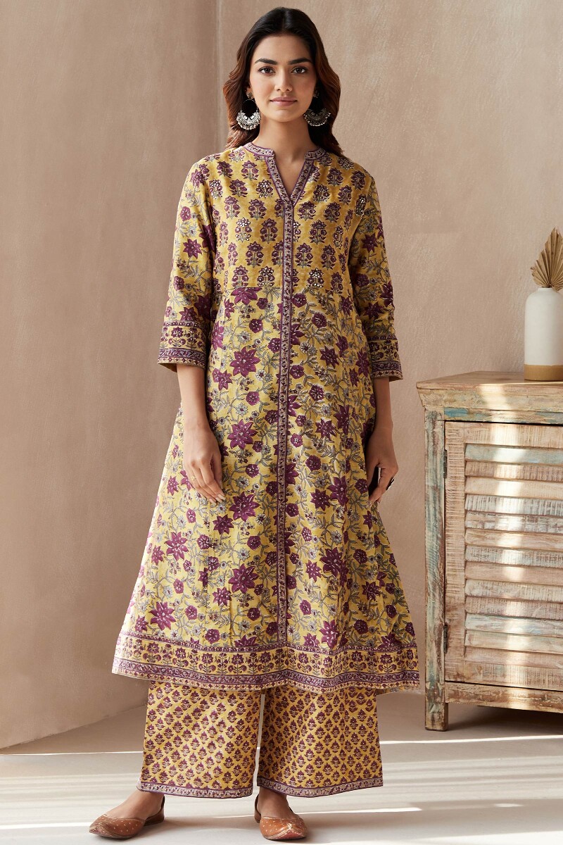 Yellow Hand Block-Printed A-Line Chanderi Kurta