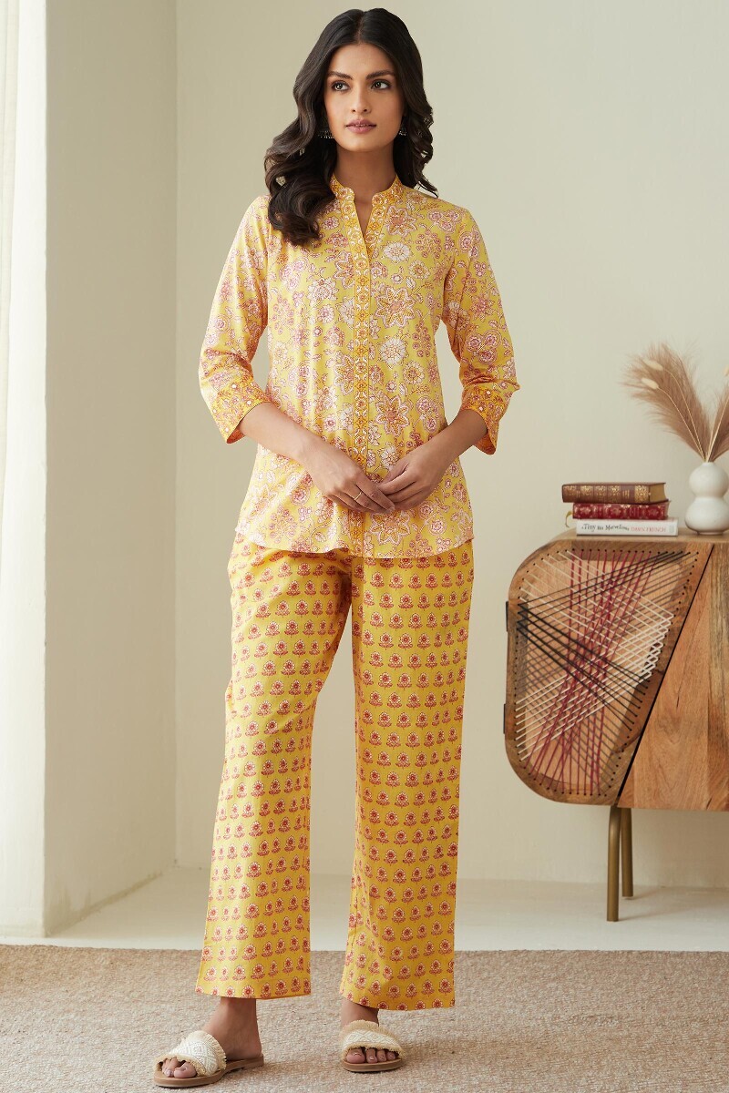 Yellow Hand Printed Cotton Loungewear Set