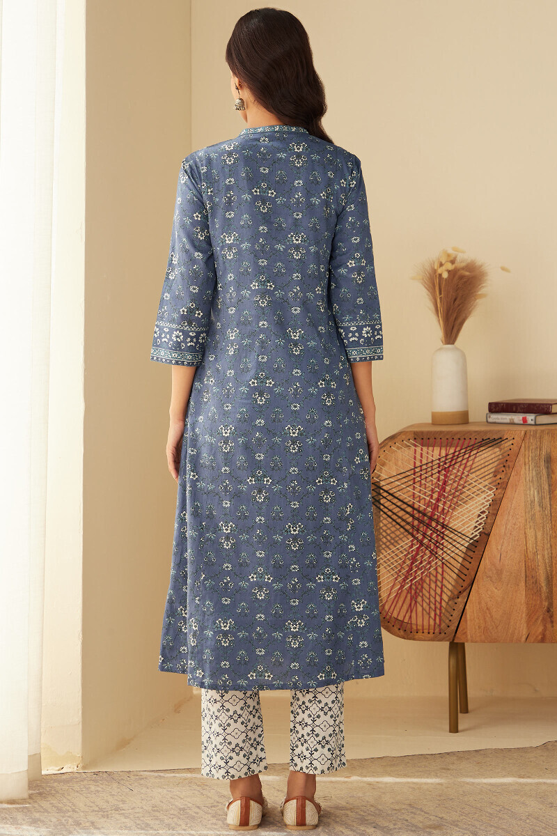 Blue Hand Printed Angrakha Cotton Kurta