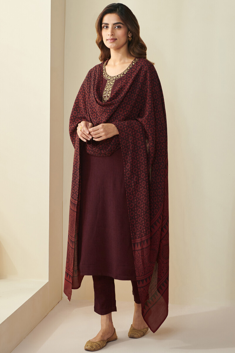 Maroon Hand Block Printed Modal Dupatta