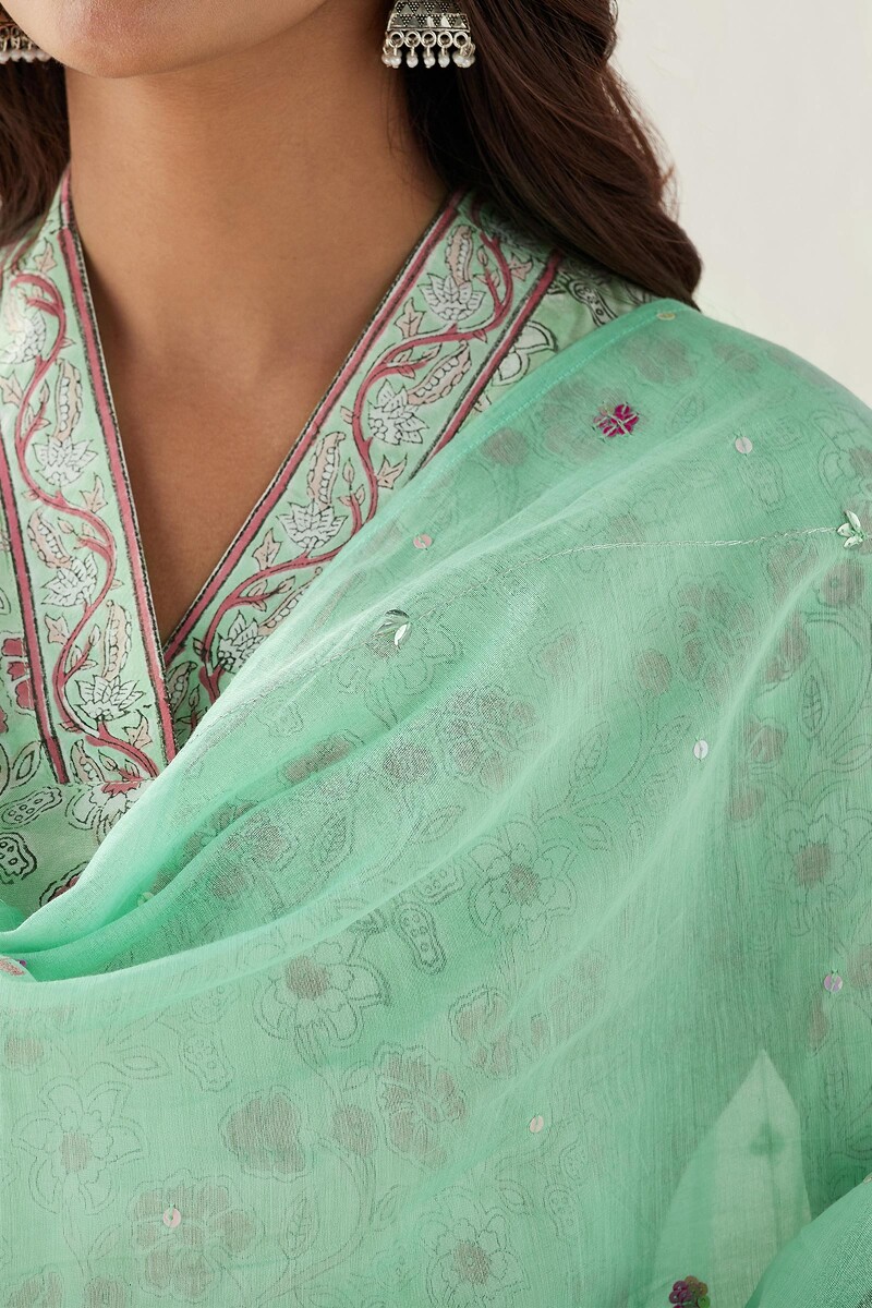 Green Handcrafted Cotton Silk Dupatta