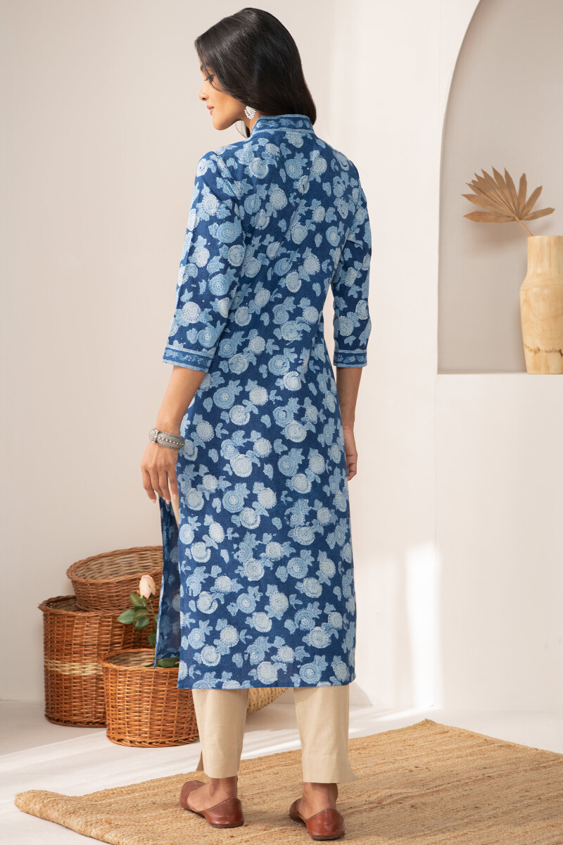 Indigo Hand Block Printed Straight Cotton Kurta