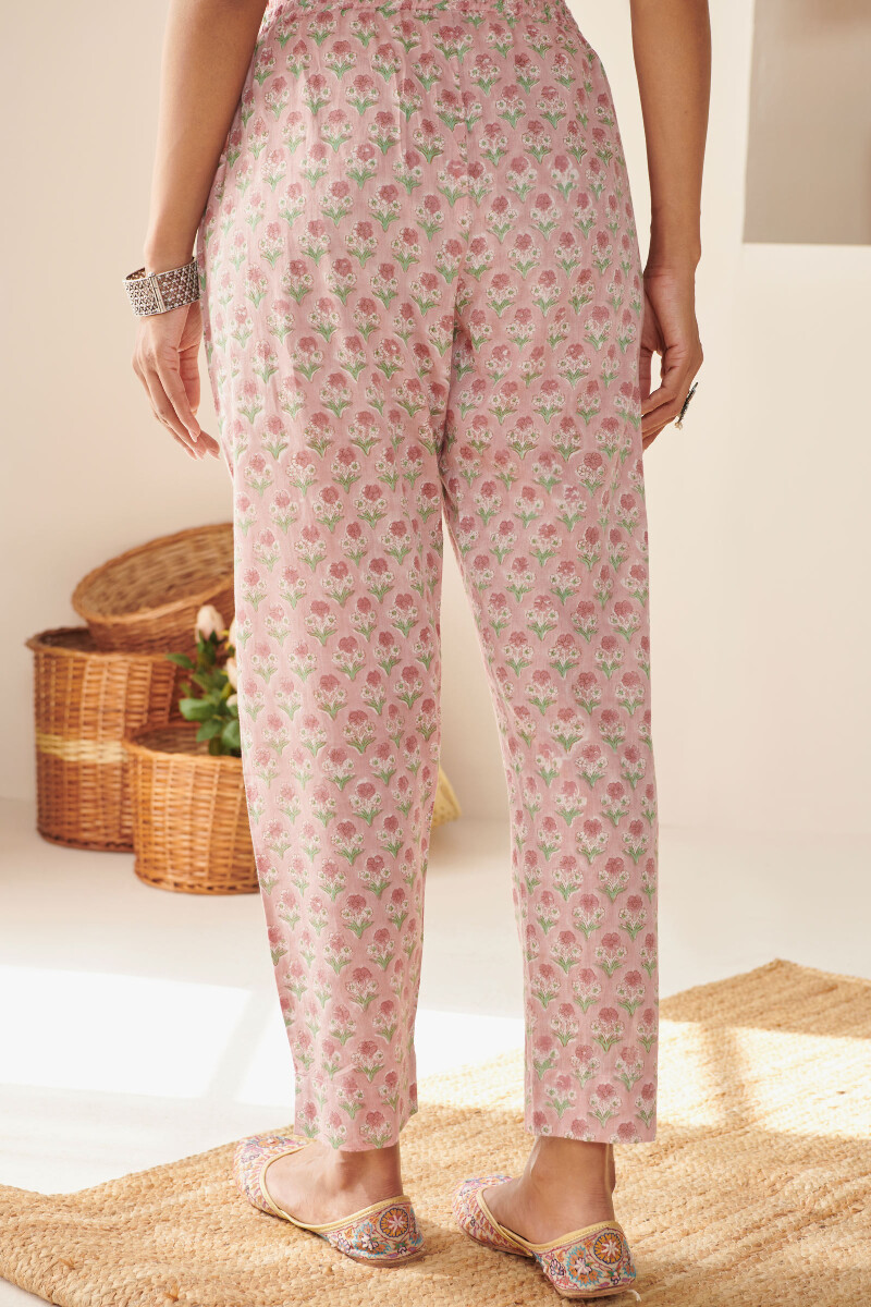 Pink Hand Block Printed Cotton Narrow Pants