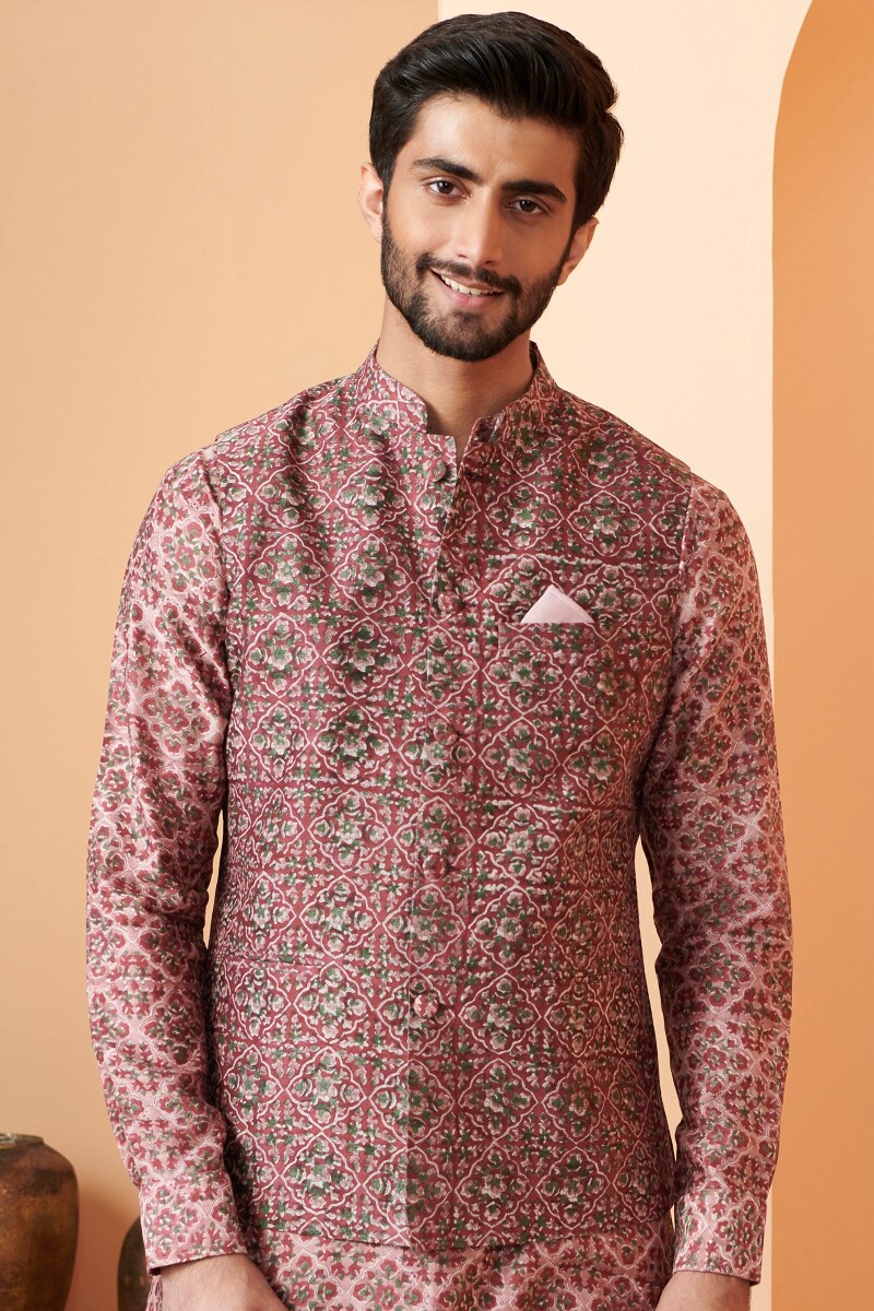 Maroon Hand Block Printed Chanderi Nehru Jacket