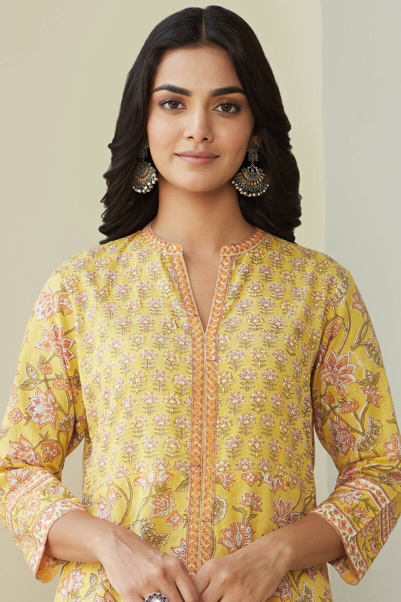 Yellow Hand Block Printed Straight Cotton Kurta