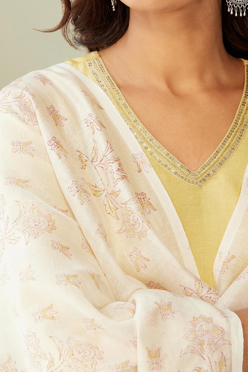 Off-White Hand Block-Printed Chanderi Dupatta